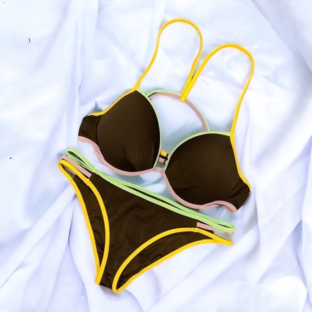 Victoria’s Secret Bikini 2pc Black Multicolor Trim Push Up Bra w/Strappy Bottoms